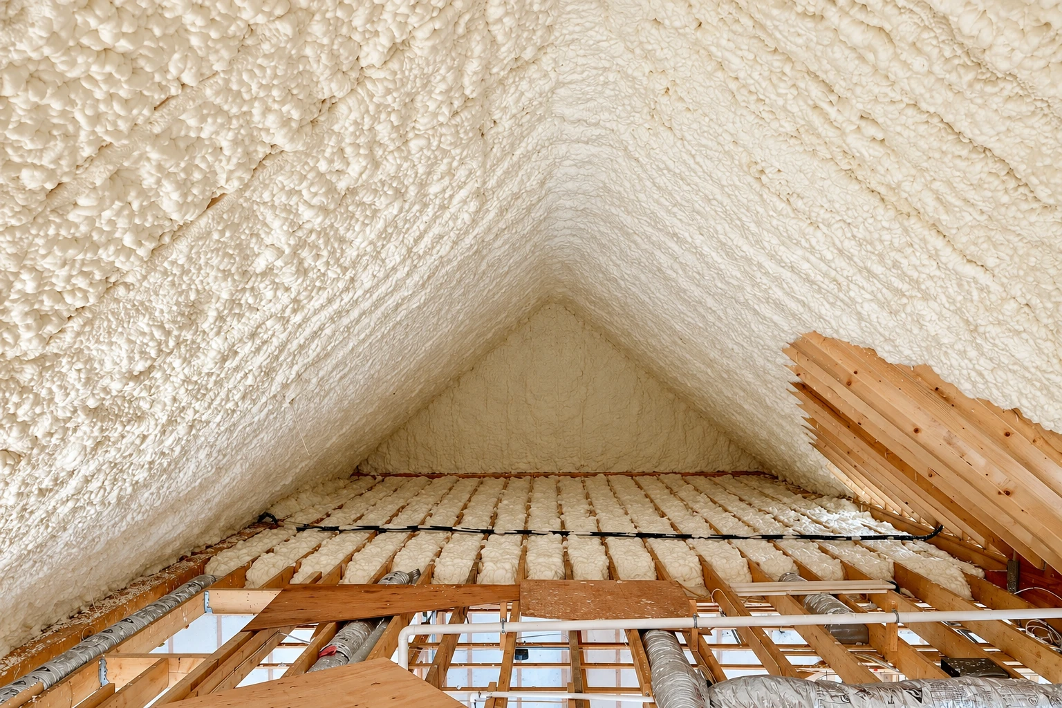Attic roof and floor surfaces coated with white spray foam between exposed wooden framing.