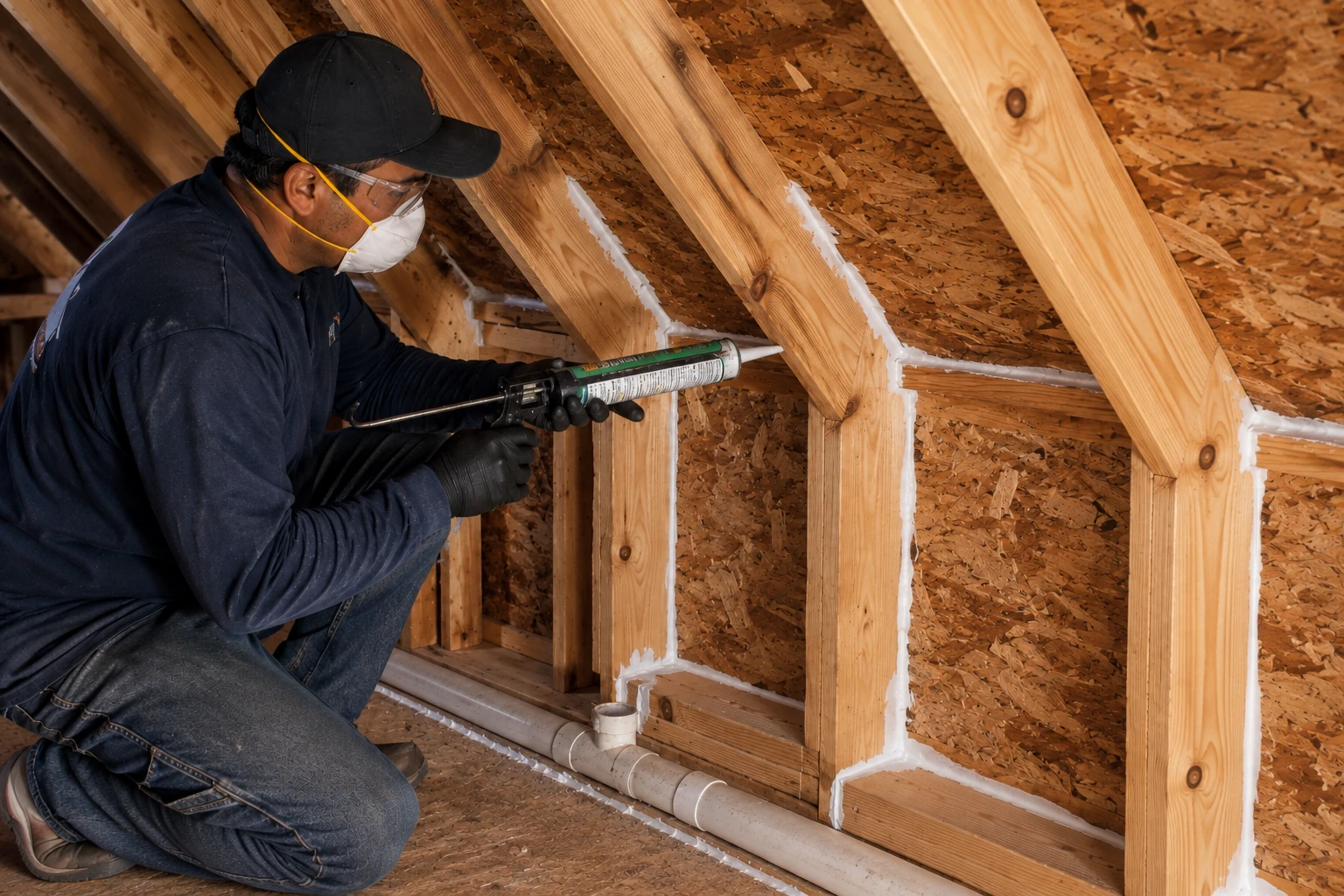 A worker applies foam sealant along joints in exposed attic framing.