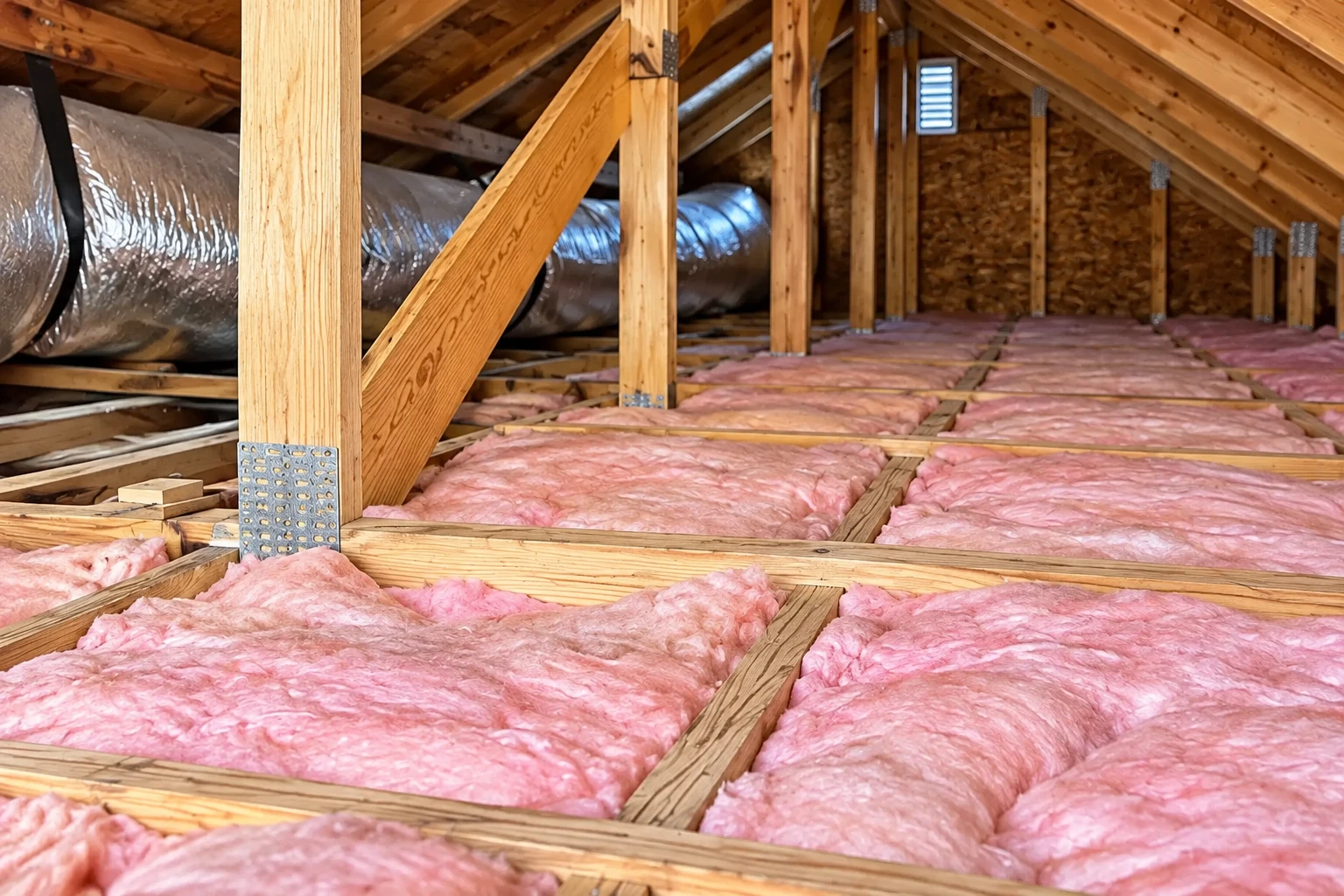 Pink fiberglass batts cover an attic floor between wooden rafters, with a metal air duct running along the side.