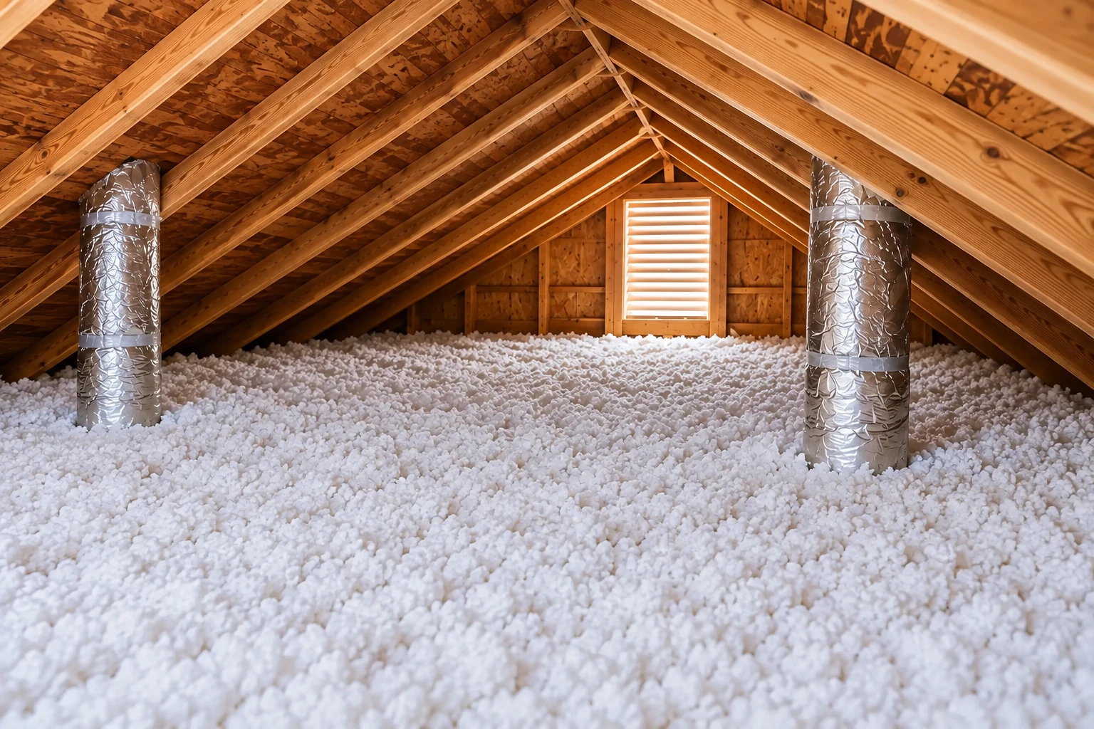 Attic filled with loose white insulation beneath exposed wooden rafters, with two foil-wrapped ducts and a louvered vent.