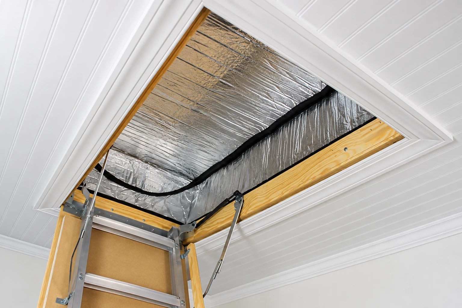 An open attic hatch reveals reflective foil insulation around the frame, above a folding ladder.