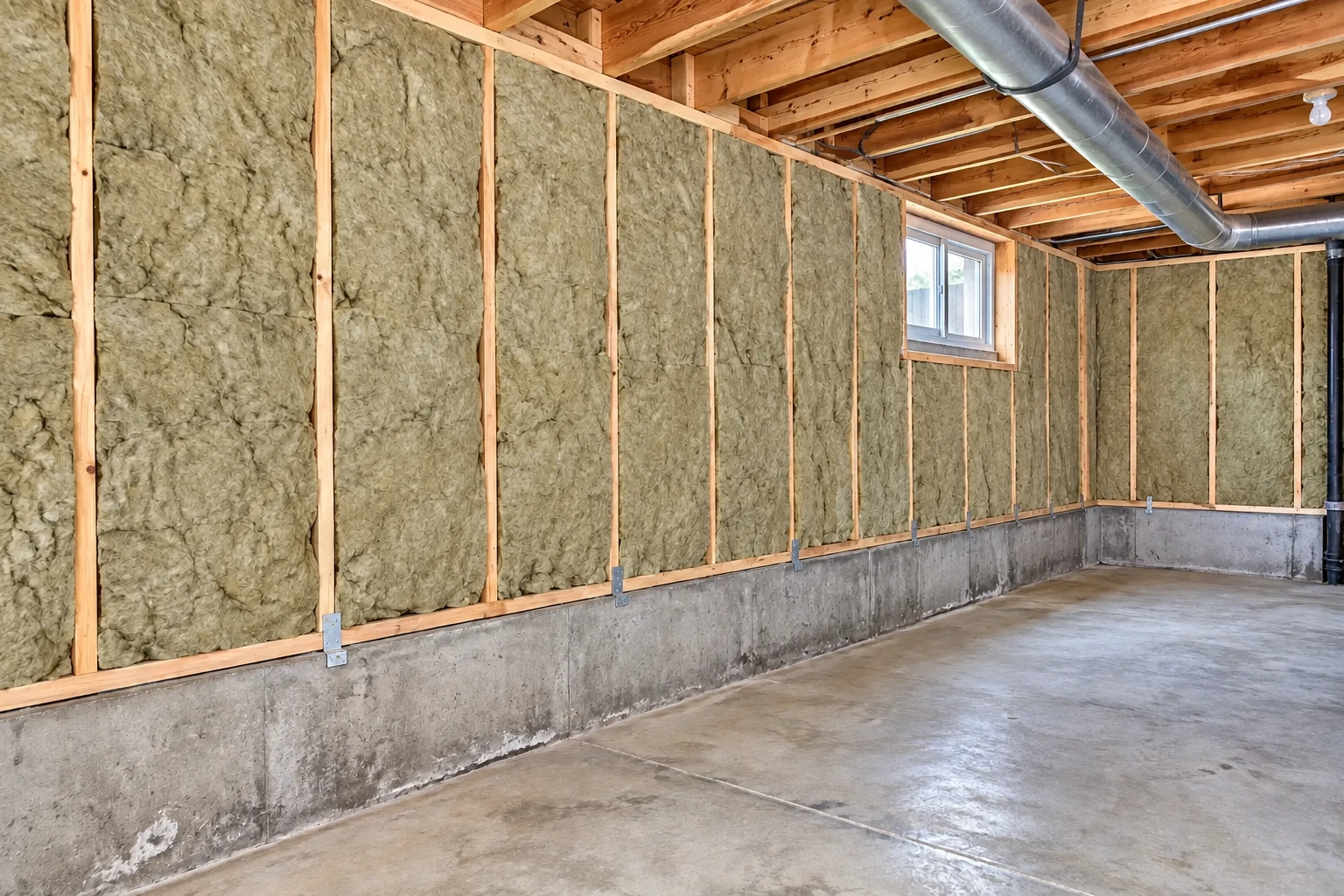 Basement with green batt insulation fitted between wooden wall studs above a concrete foundation.