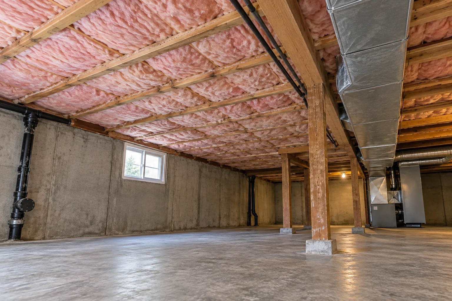 Pink fiberglass batts fill the ceiling joists of an unfinished basement with concrete walls and exposed support posts.