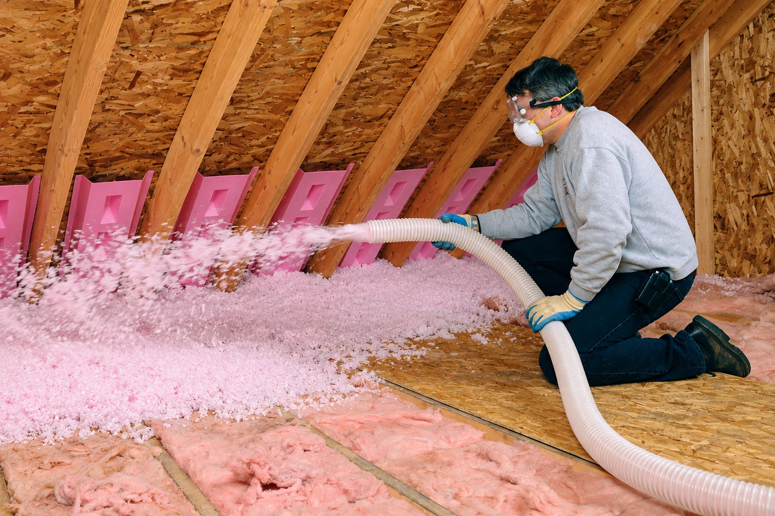 Worker wearing protective gear blows pink insulation into an attic through a flexible hose beside exposed rafters.
