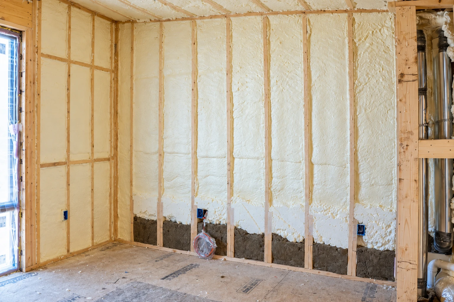 Cream-colored spray foam fills the wall cavities between exposed wooden studs in an unfinished room.