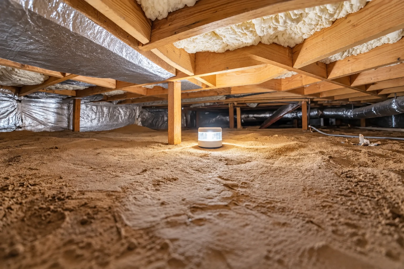 Crawl space with exposed wooden joists, foil-wrapped ducts, spray foam, and a small cylindrical device on the dirt floor.