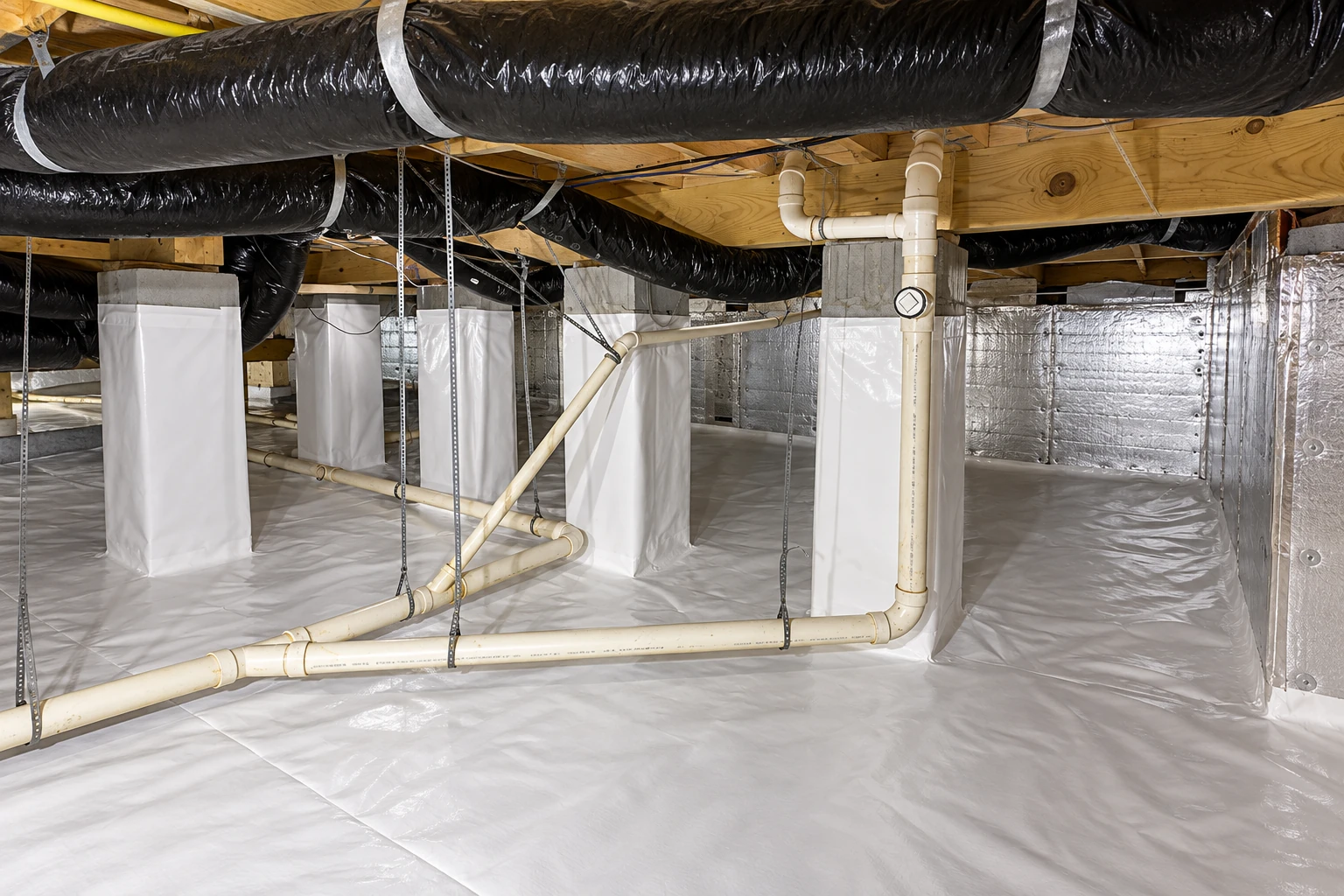 A crawl space has a white vapor barrier covering the floor and lower supports, with pipes and black ducts overhead.