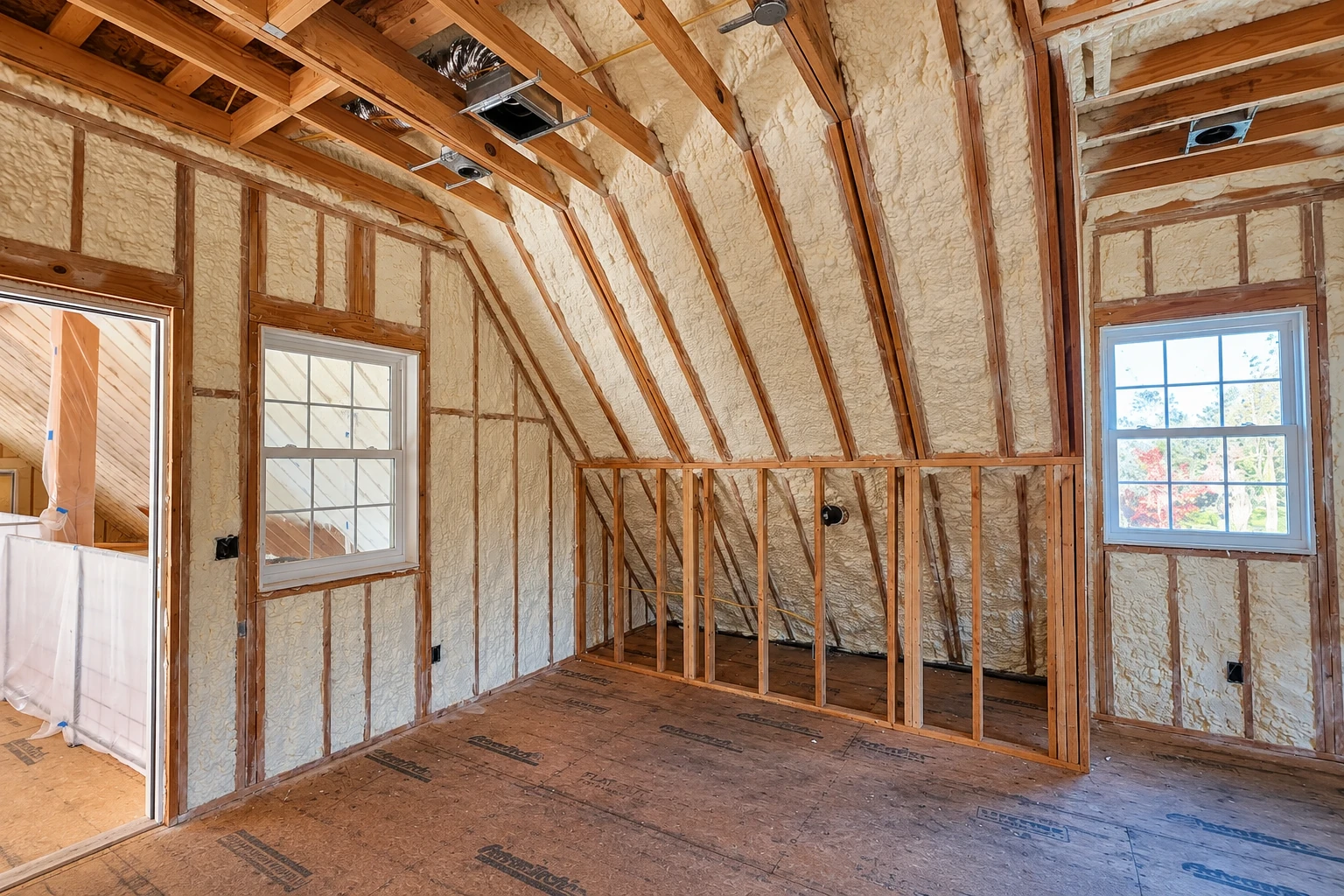 Unfinished room with exposed wooden framing and cream-colored spray foam insulation between wall studs and roof rafters.