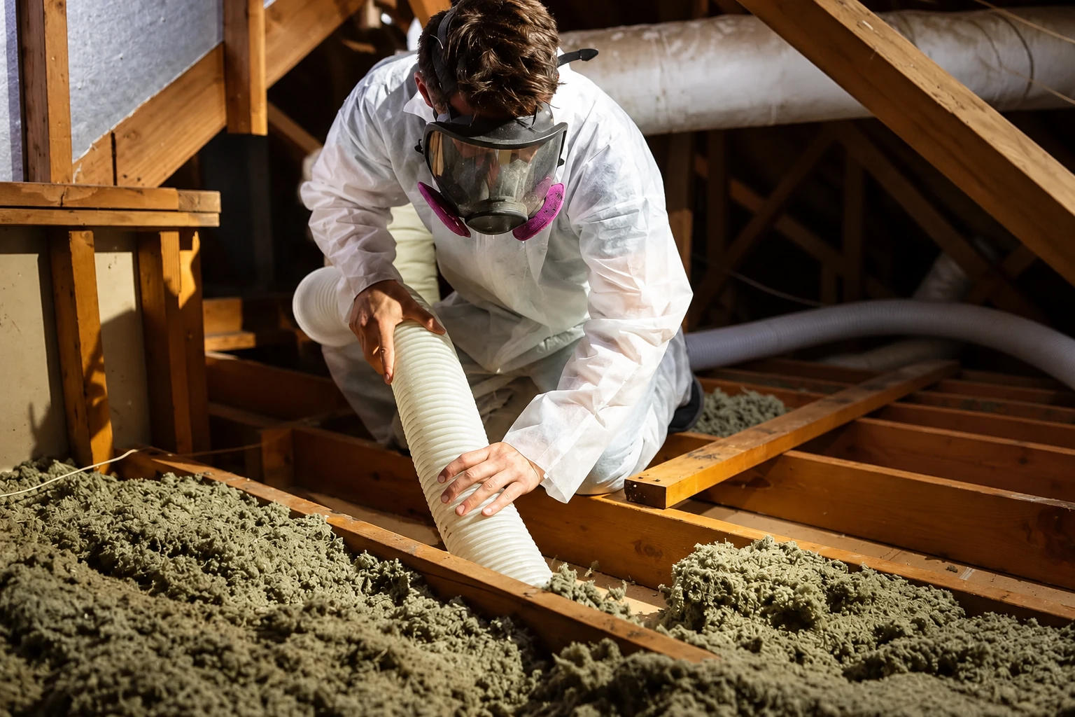 Worker in protective coveralls and a respirator vacuums loose attic insulation through a large white hose.