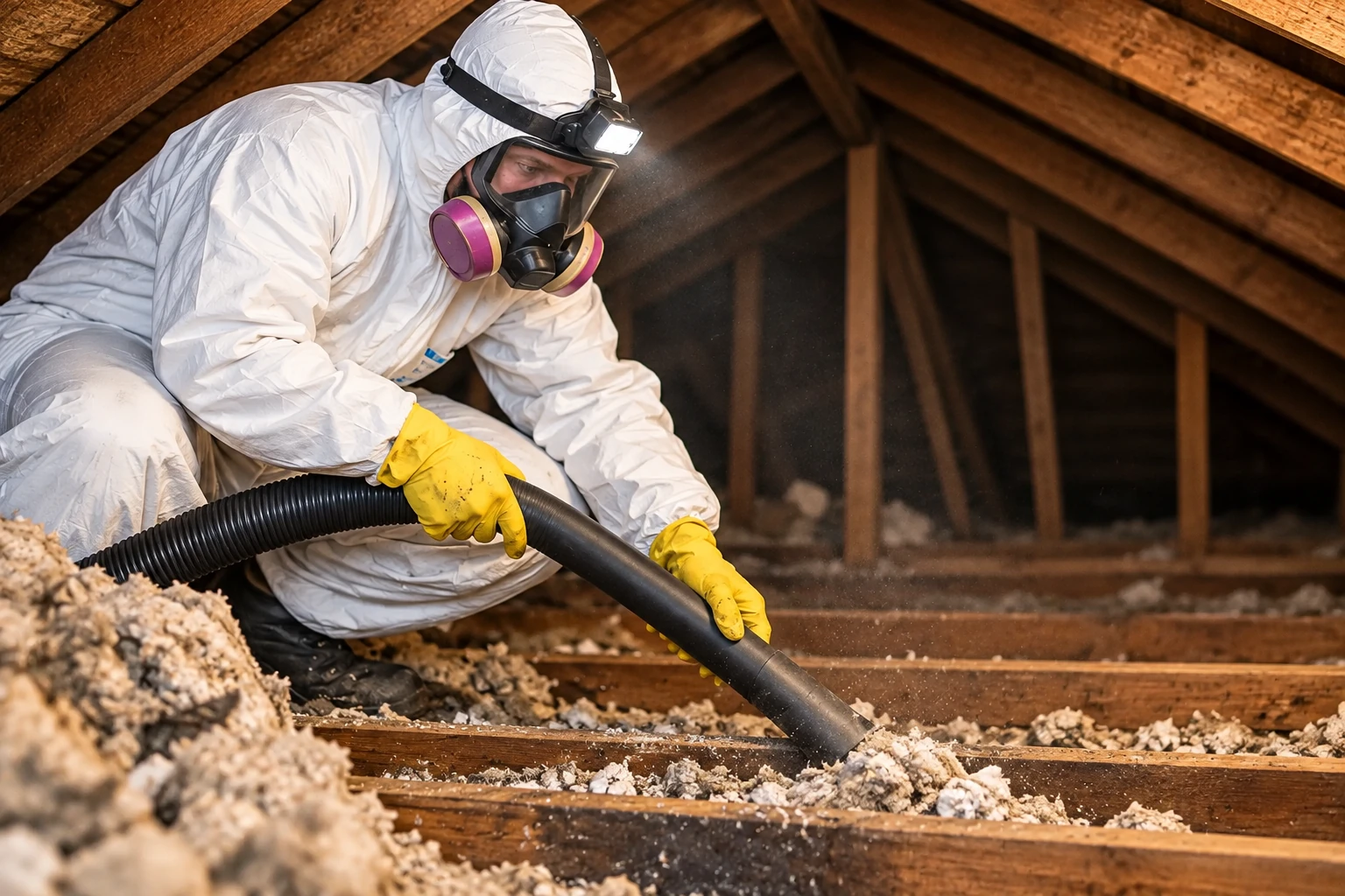 Insulation removal in an attic as a worker in protective gear vacuums loose material with a hose.