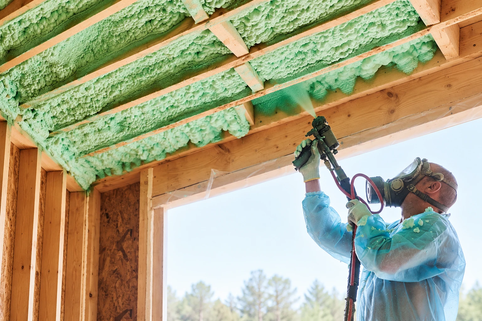 A worker sprays green open-cell foam insulation between exposed wooden roof rafters.