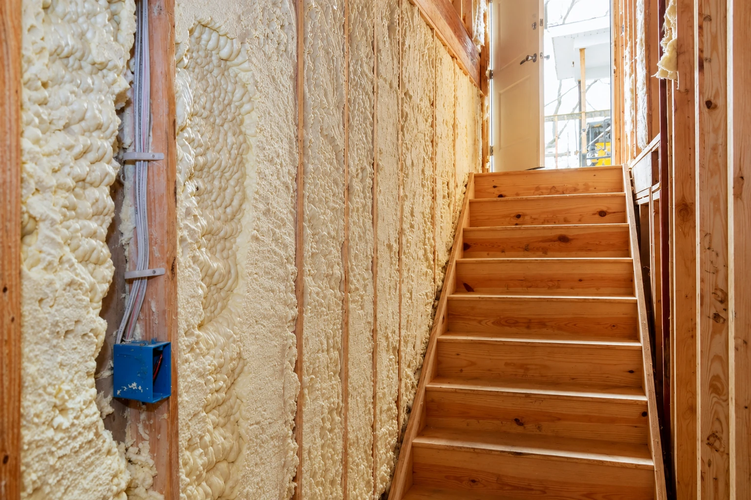 Open-cell foam insulation fills the exposed wall cavities beside a wooden staircase.