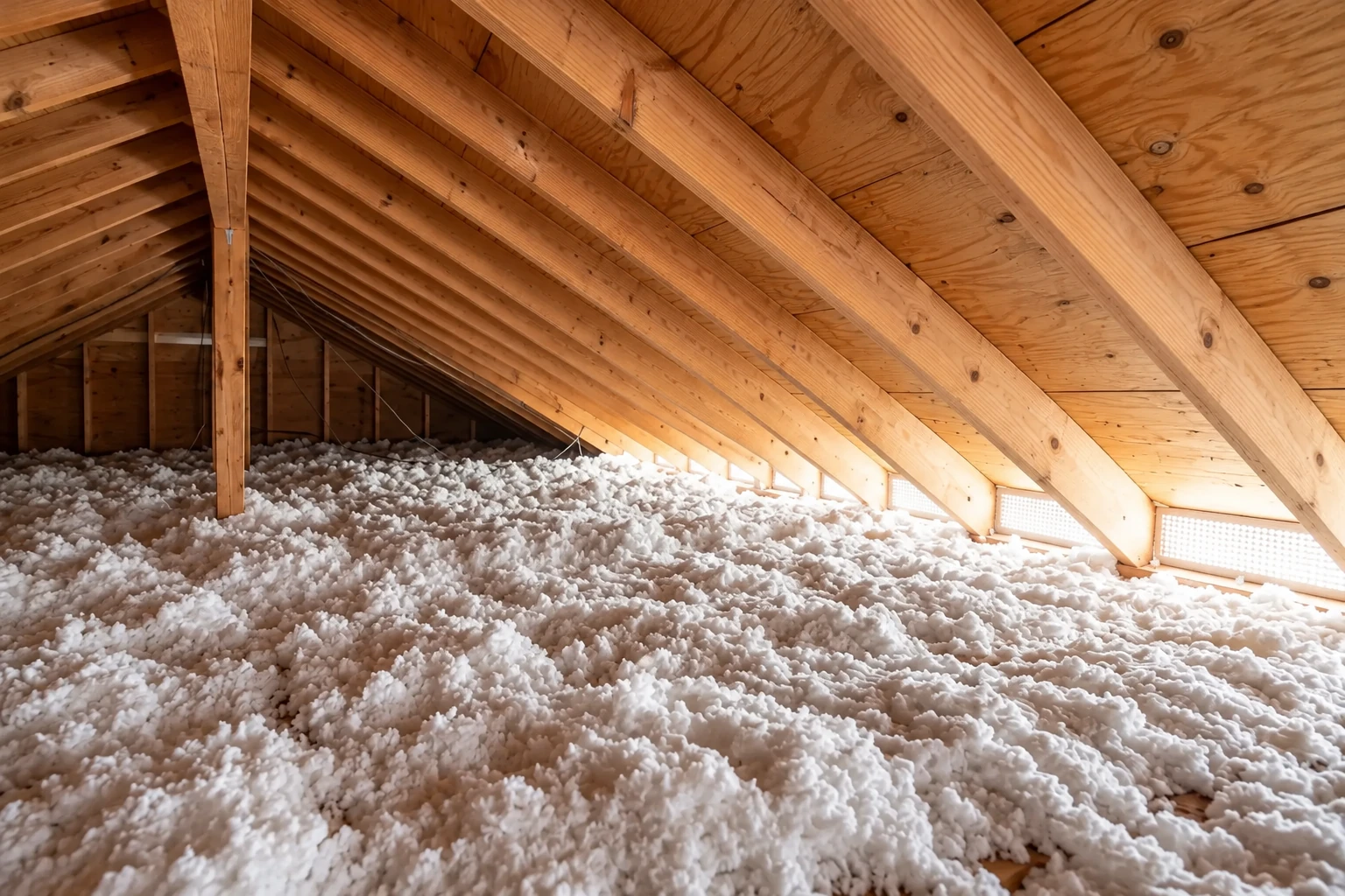 Attic with exposed wooden rafters and a thick layer of loose white insulation spread across the floor.