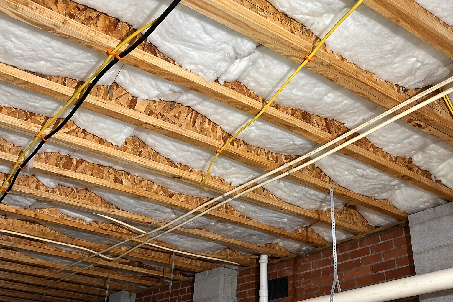 White insulation fills the spaces between wooden ceiling joists, with electrical wiring and pipes running across the exposed framing.