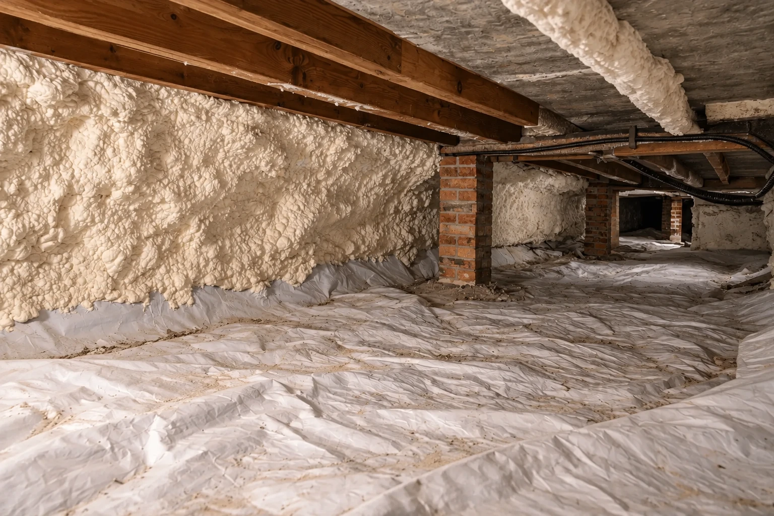 Crawl space with thick white spray foam on the walls, exposed wooden joists, brick supports, and a plastic floor liner.