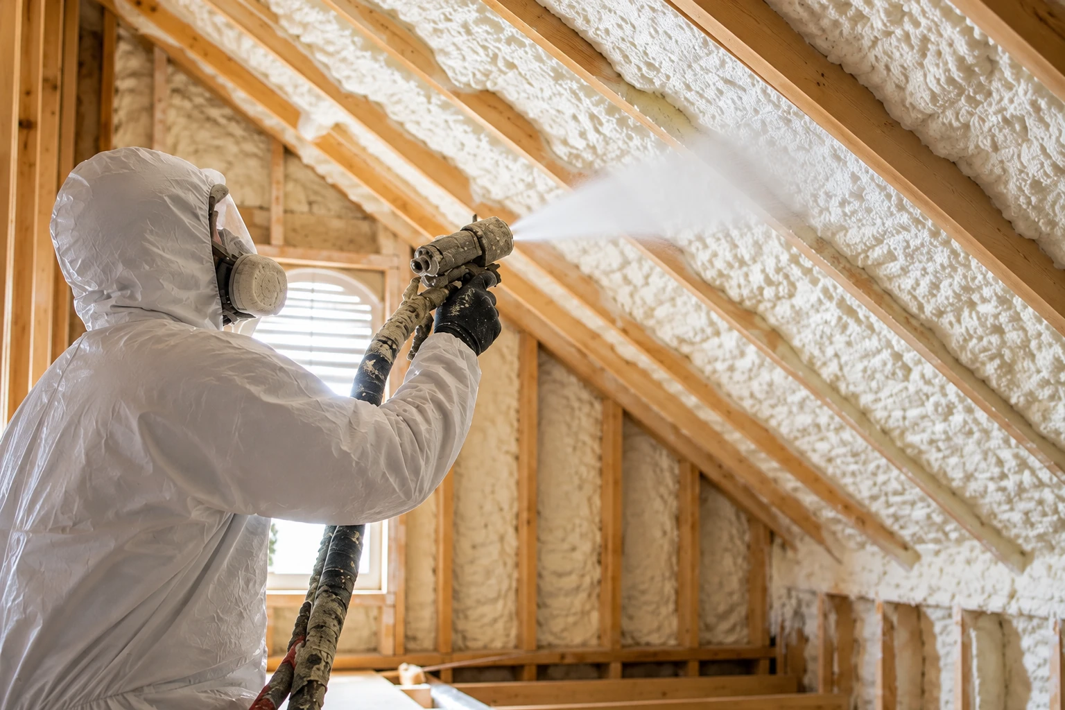 Worker in protective gear sprays foam insulation onto the sloped rafters of an unfinished attic.