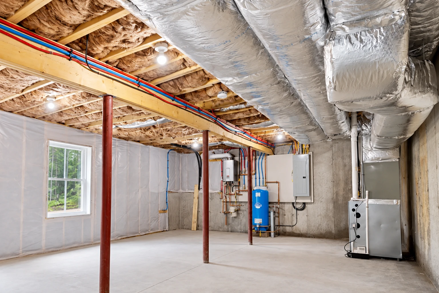 A basement shows white vapor barrier sheeting on the walls, exposed ceiling insulation, and silver-wrapped ducts.