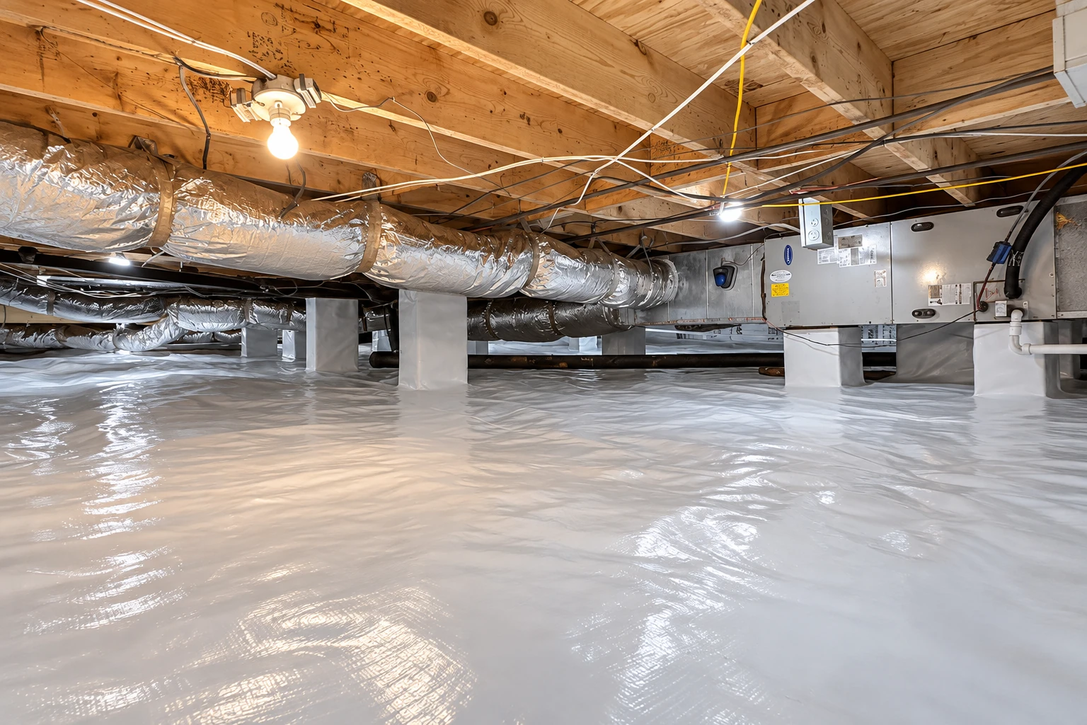 Crawl space with a reflective vapor barrier covering the floor beneath ducts, wiring, and wooden joists.
