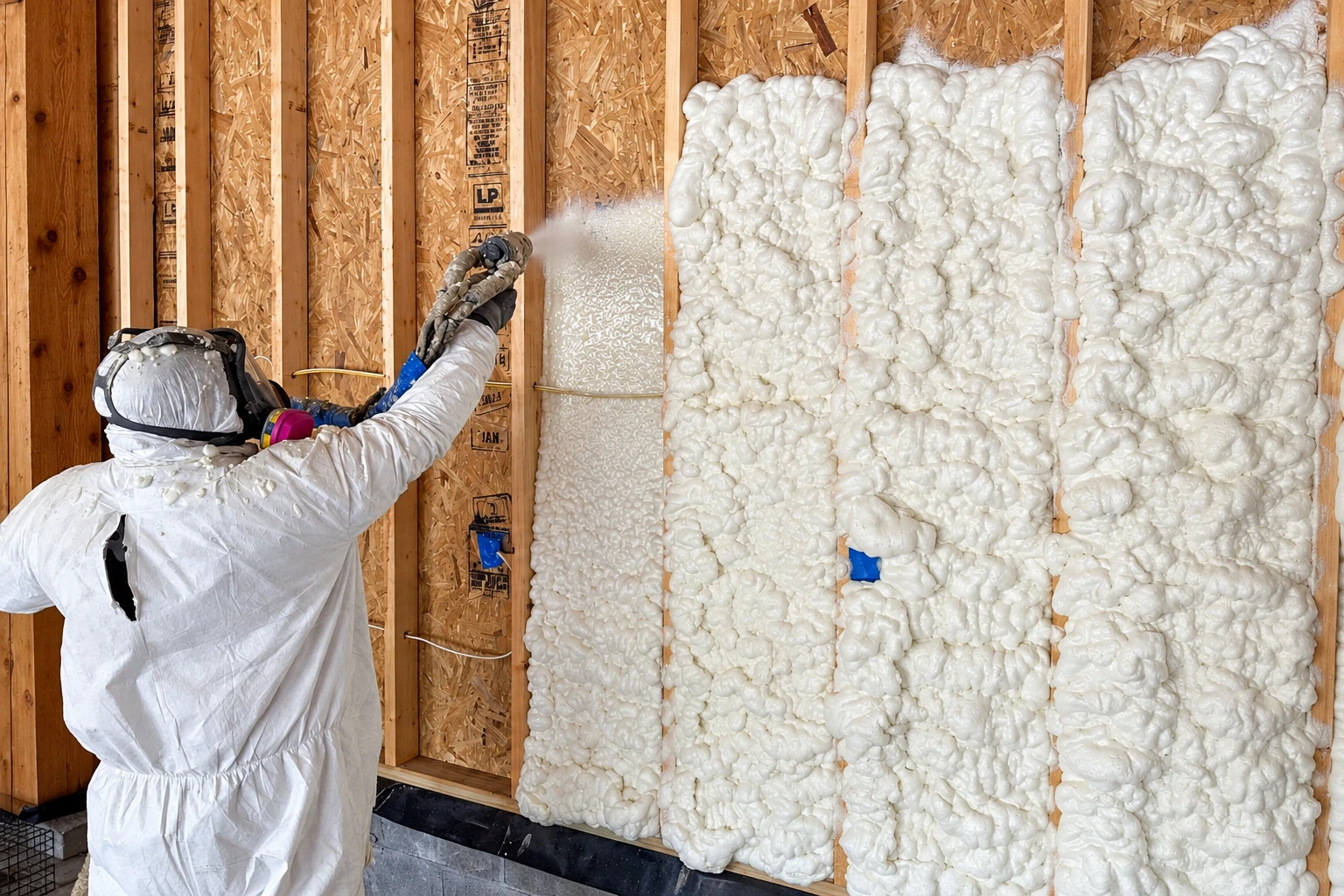 A worker in protective gear sprays white foam insulation between exposed wall studs in an unfinished building.